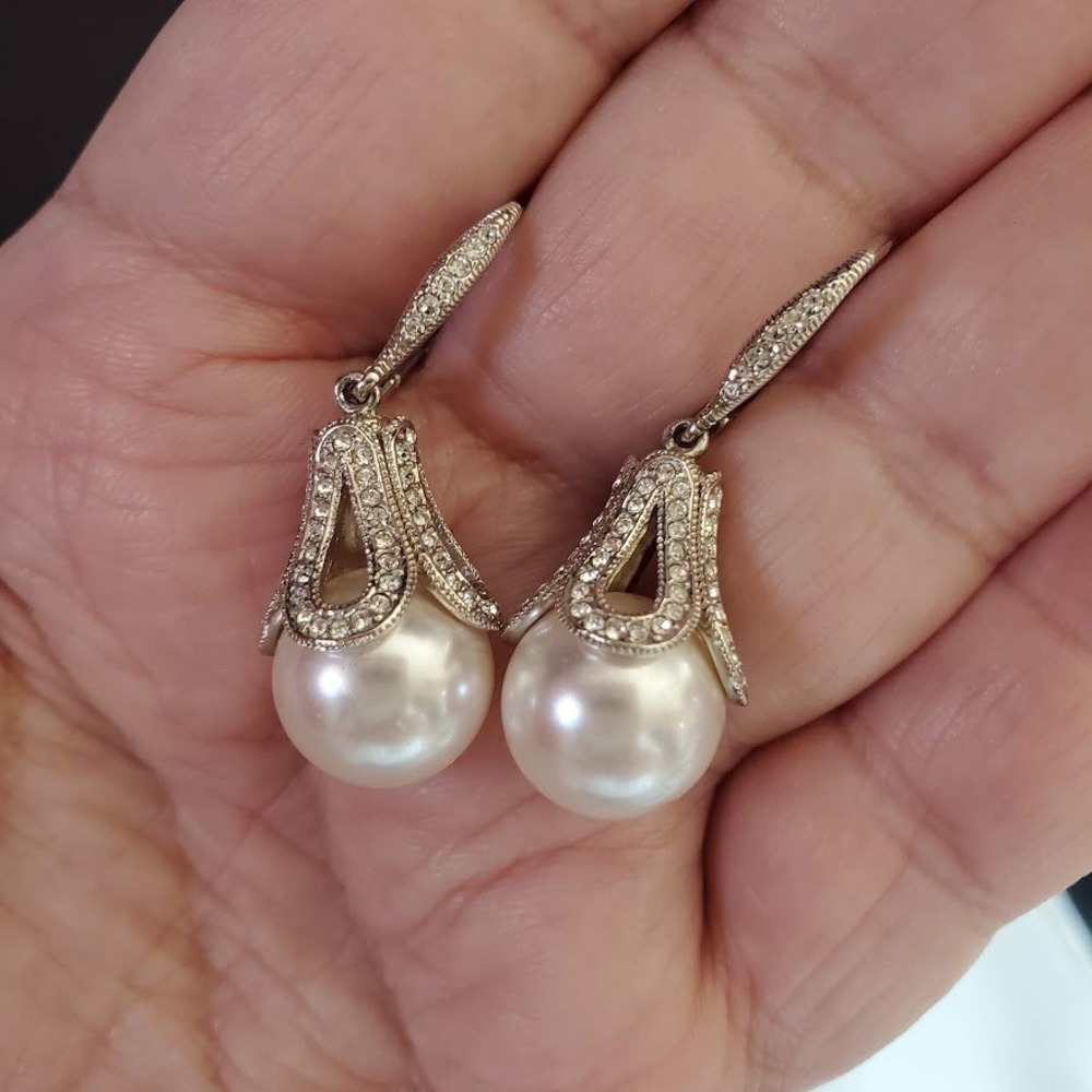 Nadri Silver Plate Crystal Faux Pearl Drop Leverback Earrings Art Deco Style